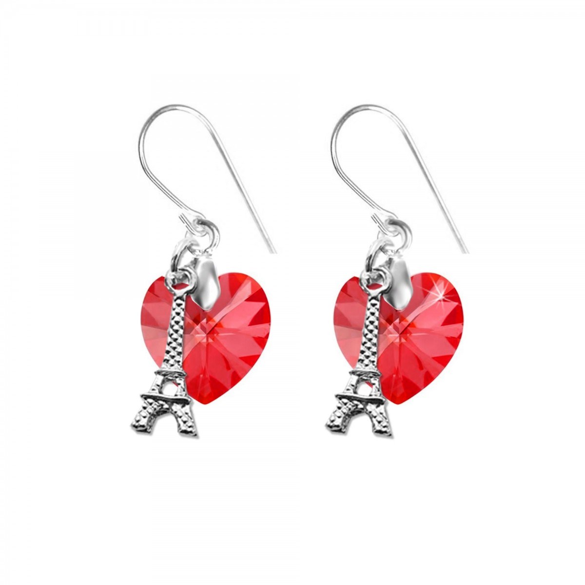 Boucles d'oreilles coeur rouge et Tour Eiffel SC Crystal orné de Cristaux scintillants