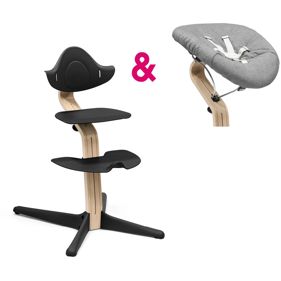 STOKKE® Nomi® Hochstuhl Buche natur  schwarz inkl. Newborn Set schwarz  grau pink