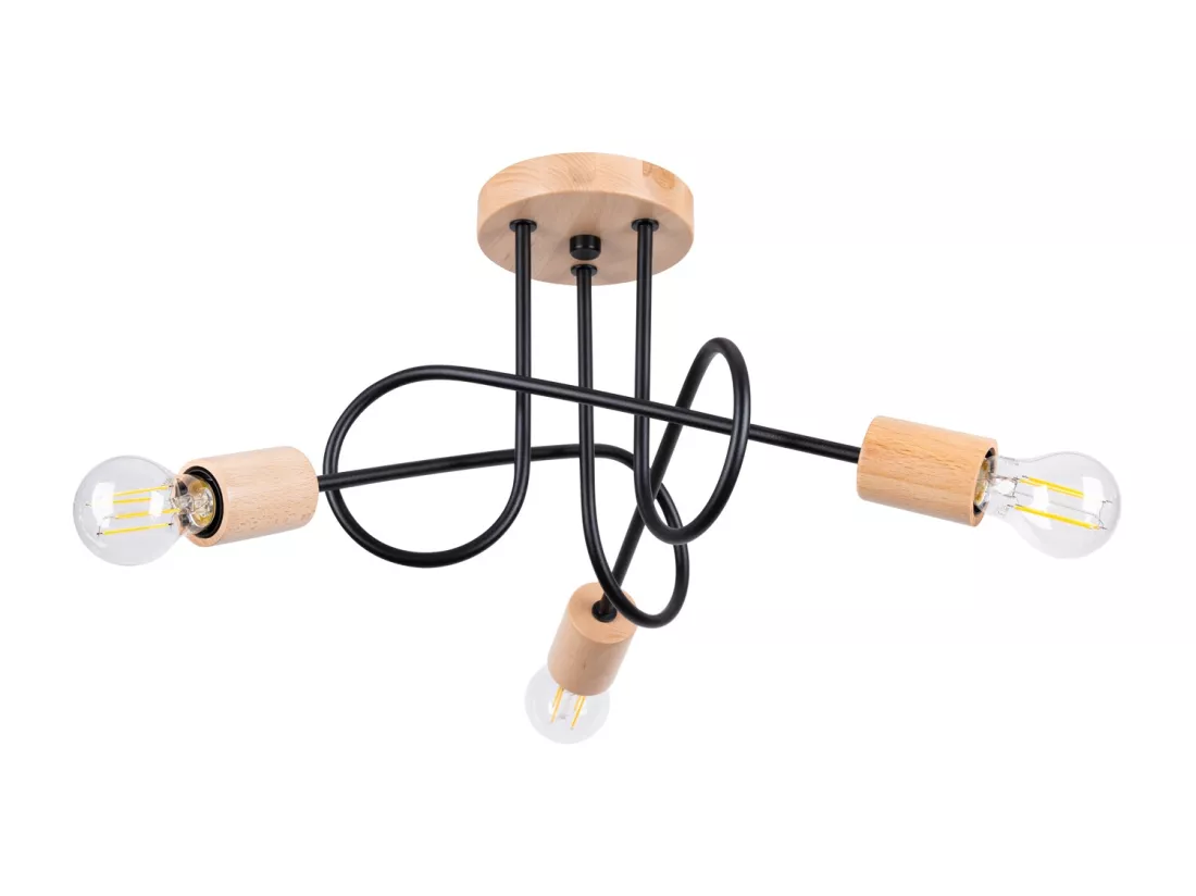 Lustre Ember minimaliste en acier/bois - 3 sources lumineuses - L.14 x H.26 cm - noir/bois naturel