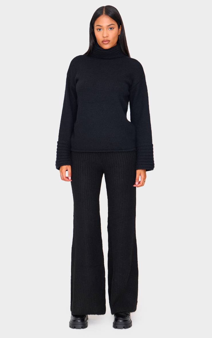Noir Pantalon Large En Maille Côtelée Luxe Tall