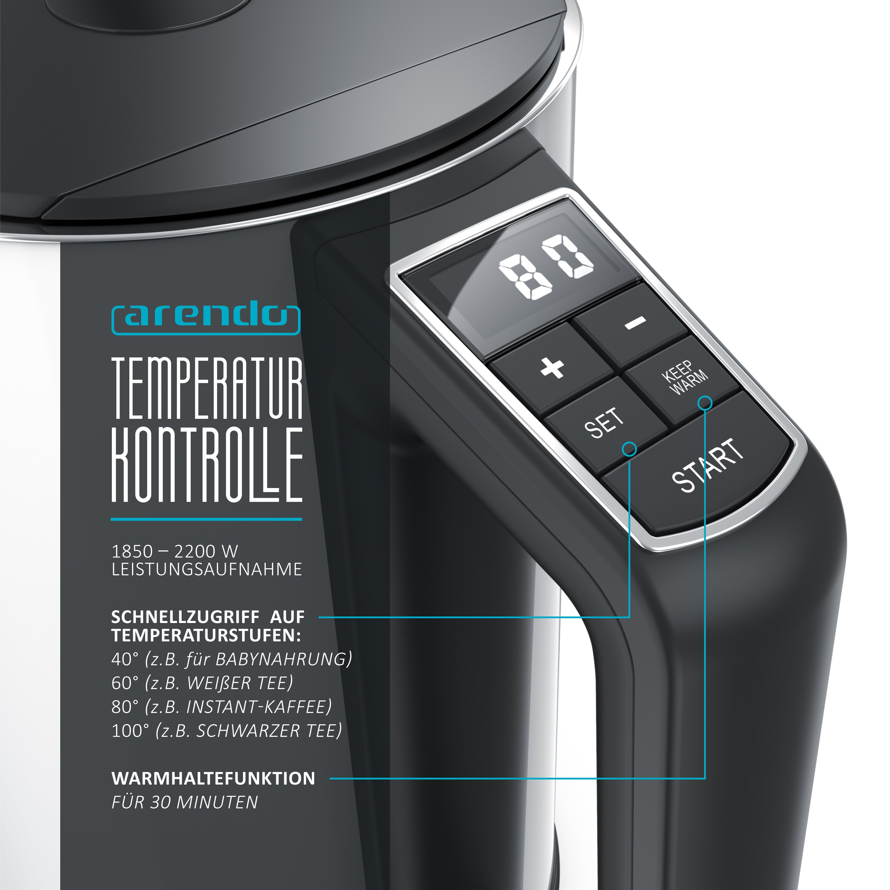 Arendo Frühstücksset, Wasserkocher ELEGANT 1,5 Liter & Langschlitztoaster für 2 Scheiben, Weiß