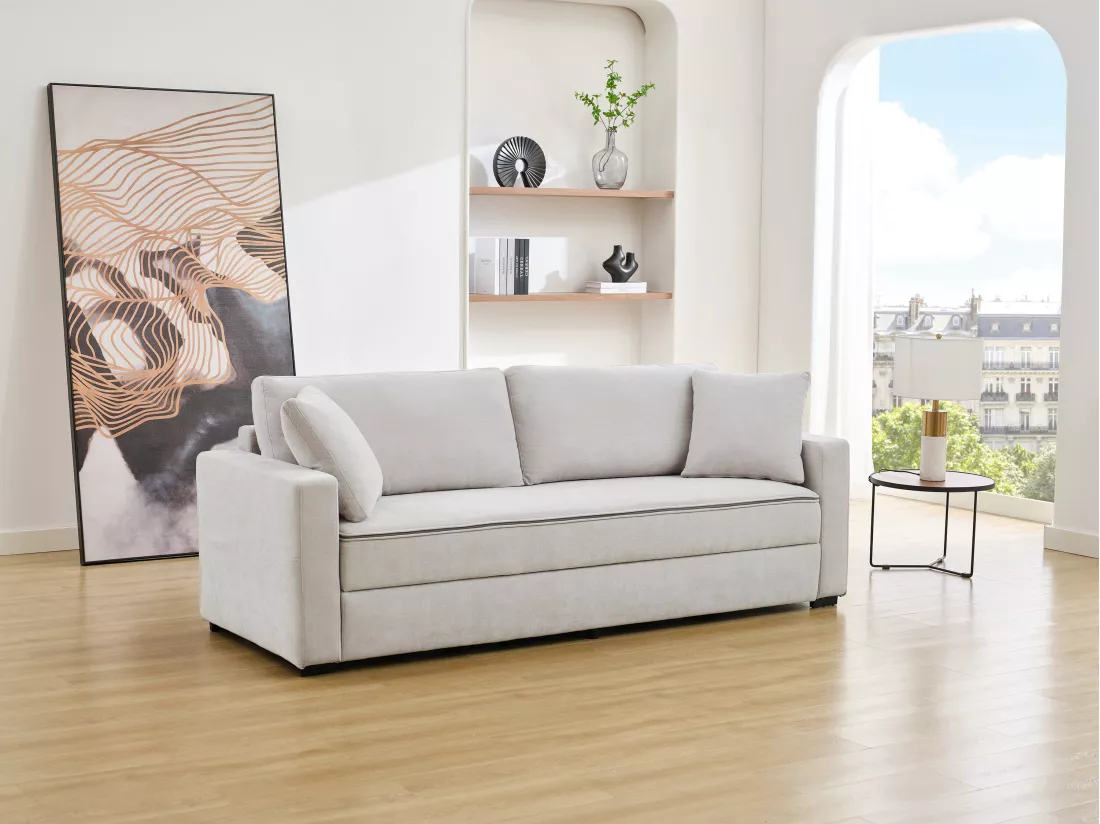 Canapé 3 places convertible en tissu gris avec assise à mémoire de forme SOLDINA