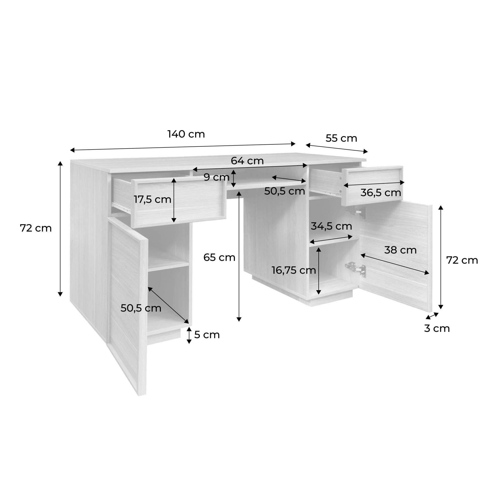 sweeek - Bureau houteffect bureau 2 deuren 2 laden 1 nis 140cm