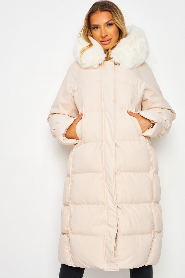 Doudoune longue beige à capuche