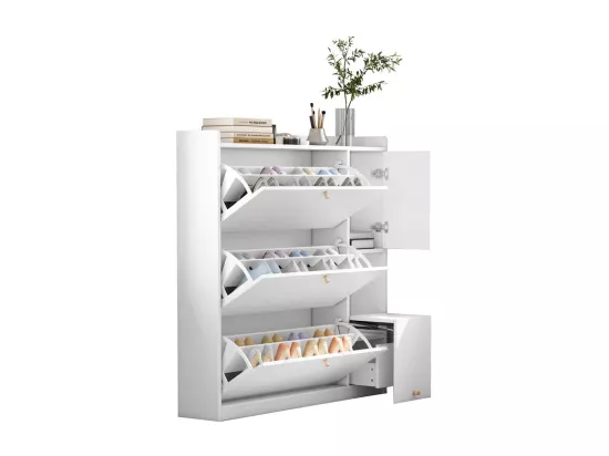 Meuble à chaussures multifonction 119x24x122cm - avec 3 tiroirs rabattables - avec banc rabattable - avec une porte - blanc