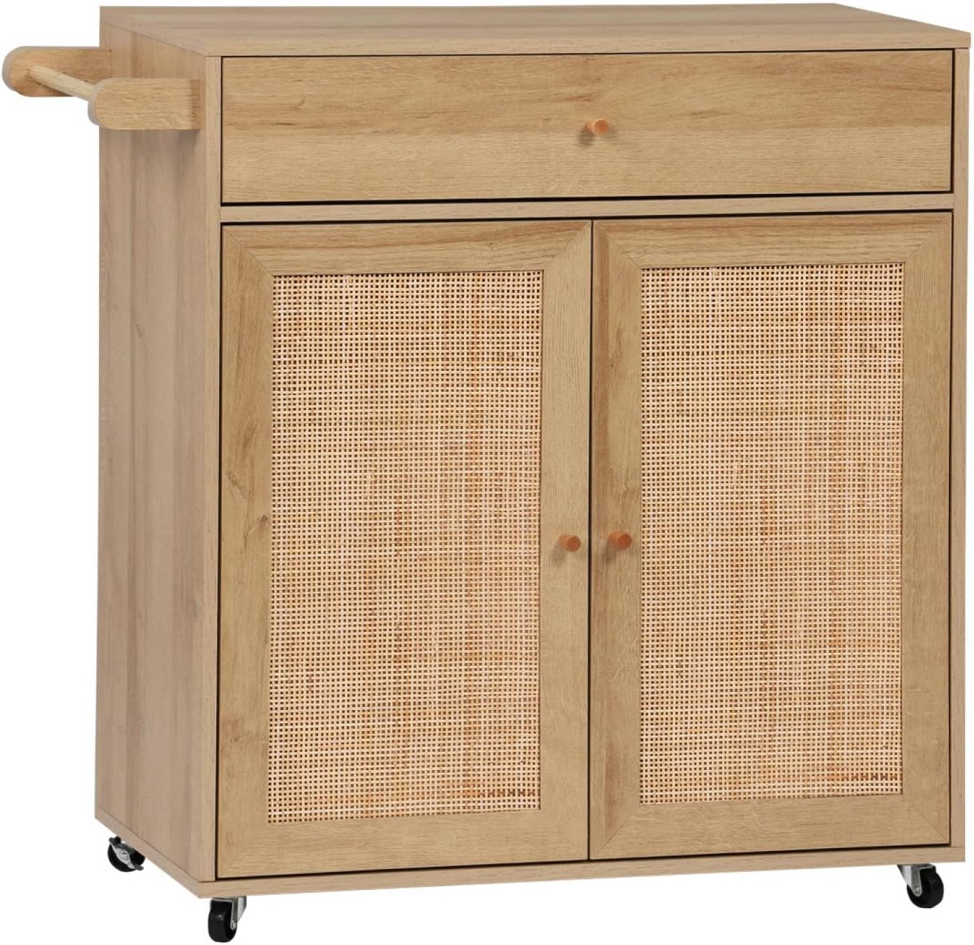 sweeek - Küchenwagen Holz-Optik und Rohrgeflecht, 1 Griff, 1 Schublade, 2 Türen, 4 Räder, naturfarben - Bohème