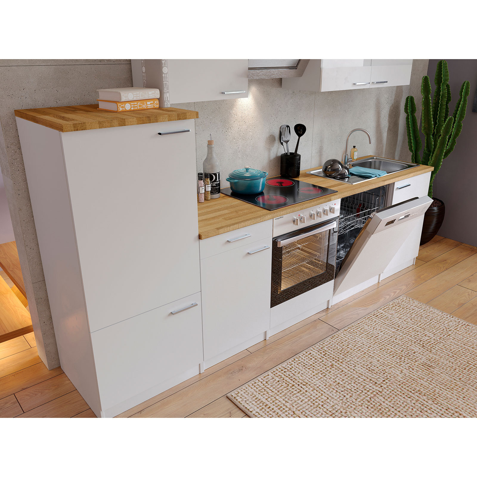 RESPEKTA Küchenblock - weiß - mit E-Geräten - 280 cm