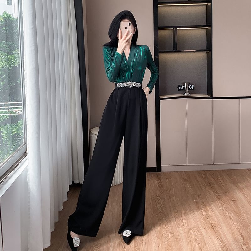 Yilda - Lange jumpsuit van imitatieleer met wijde pijpen
