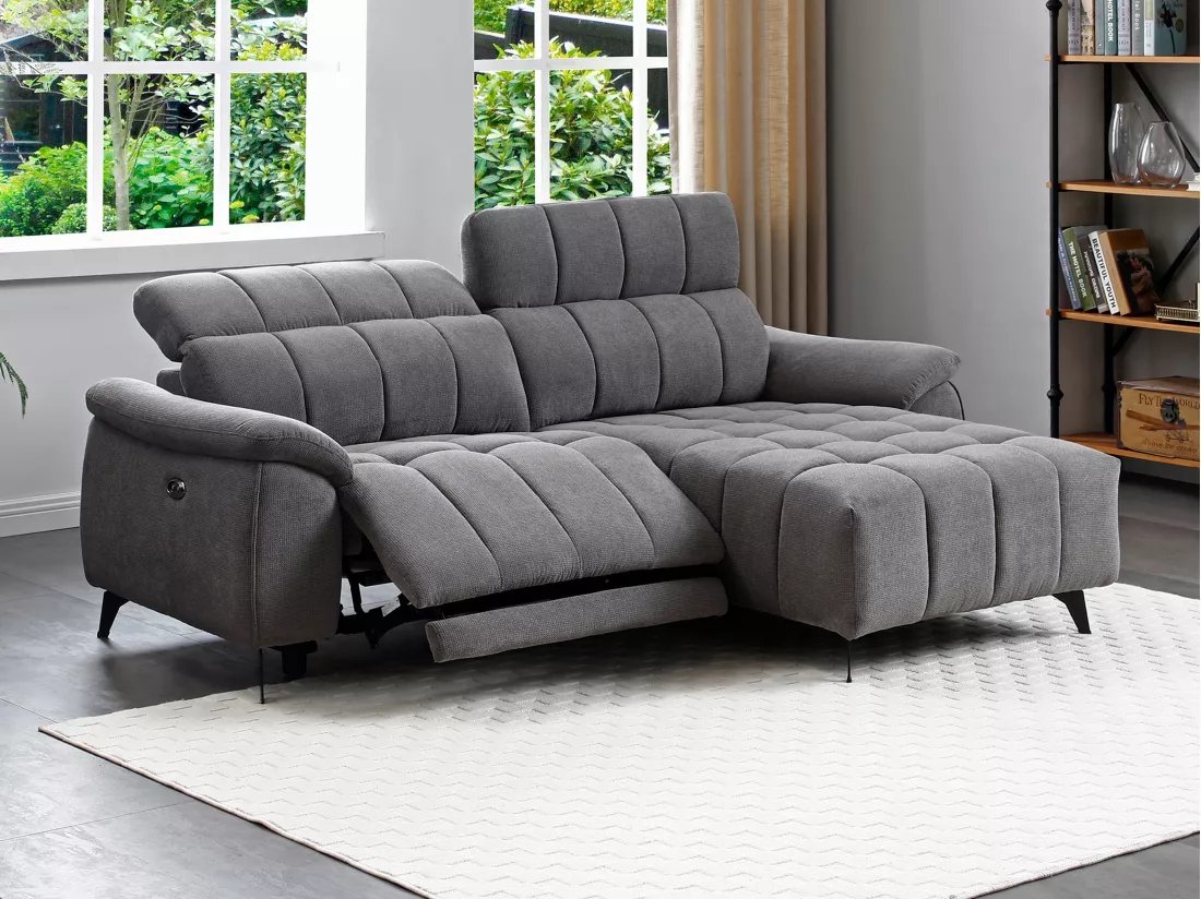Canapé d'angle droit relax électrique en tissu texturé gris CELTIMO