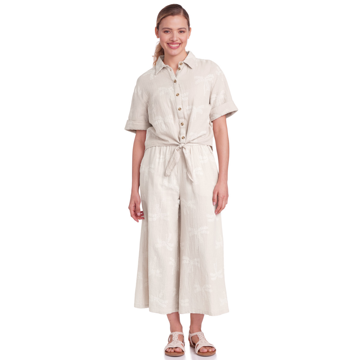 Gina Damen Musselin-Hose mit gerüschtem Bund beige