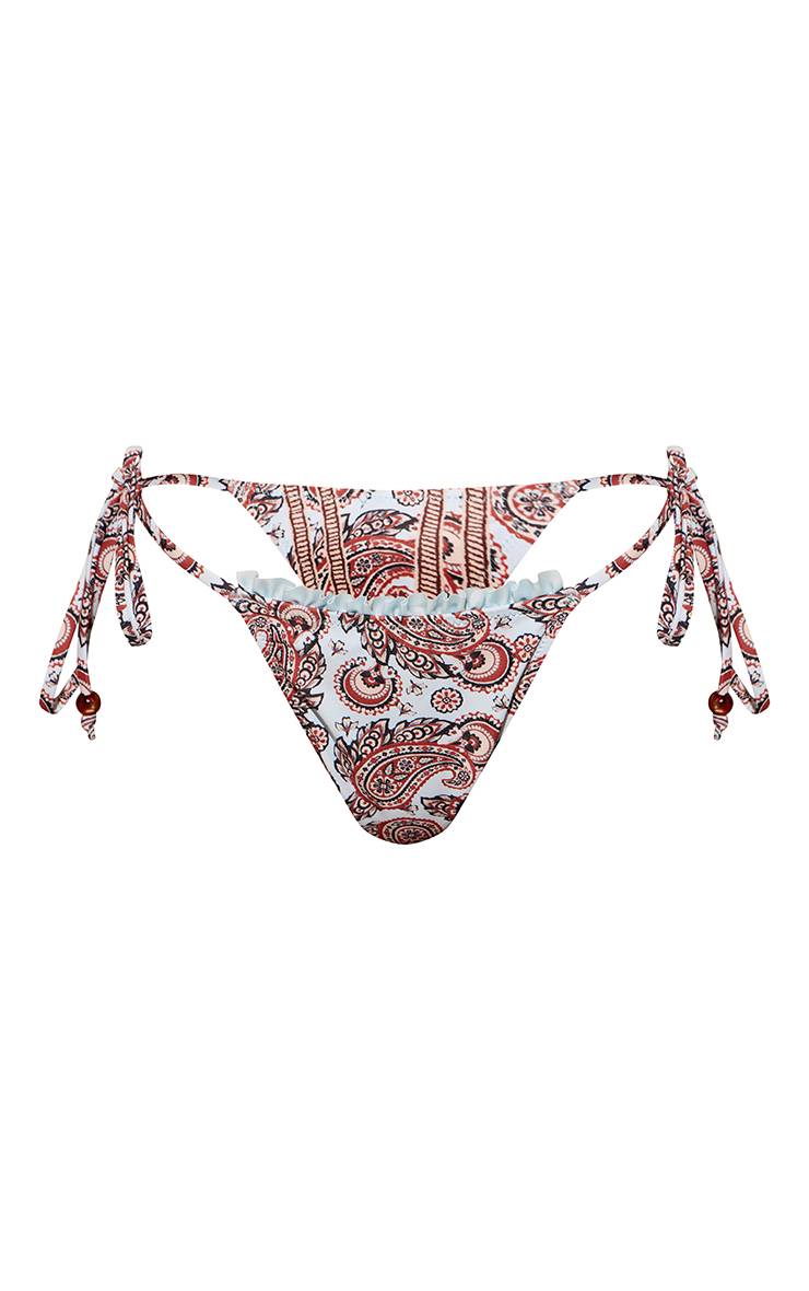 Bleu Bas De Bikini À Imprimé Paisley Avec Volant Et Liens Sur Les Côtés