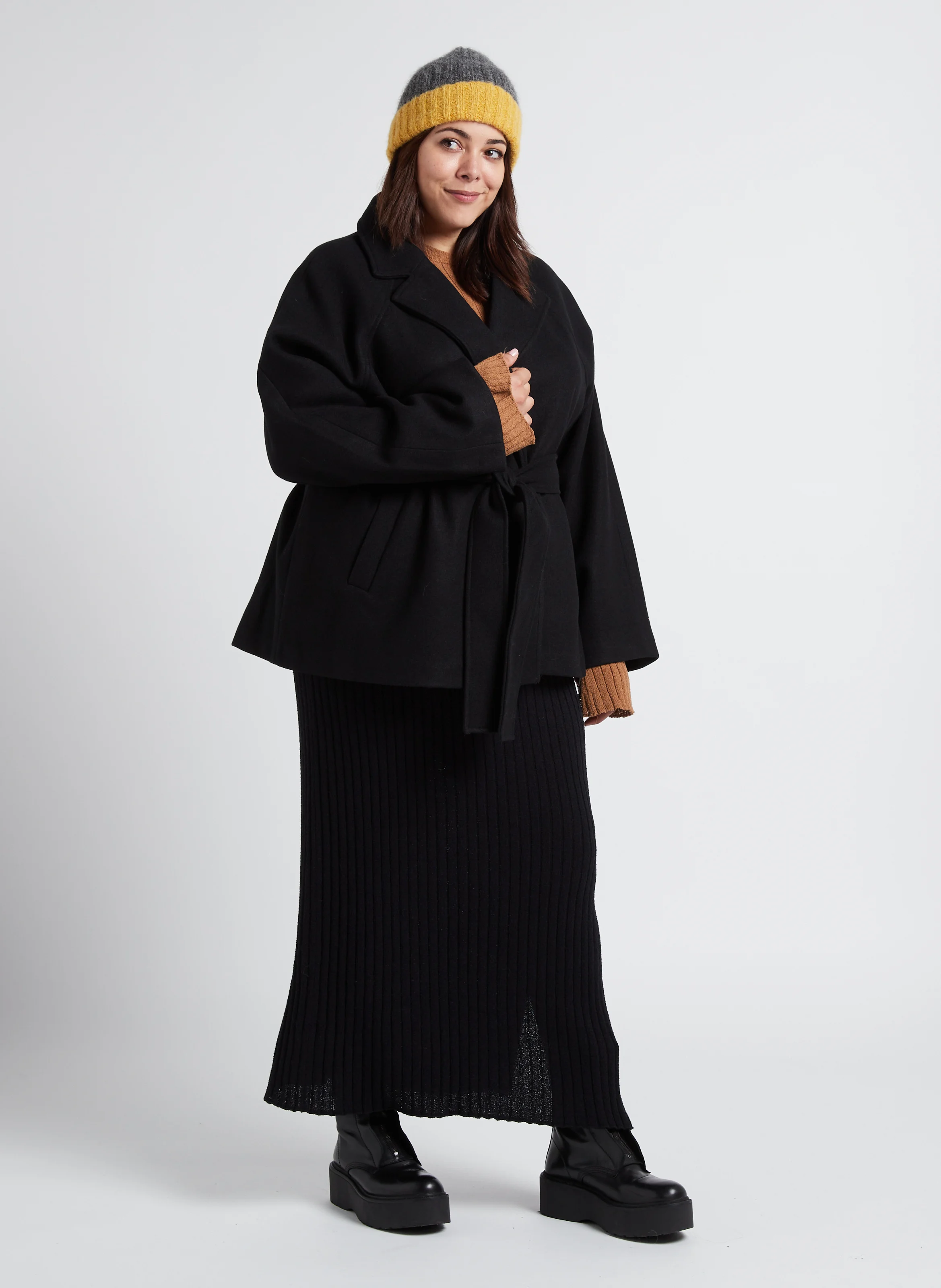 Manteau col tailleur ceinturé| Noir