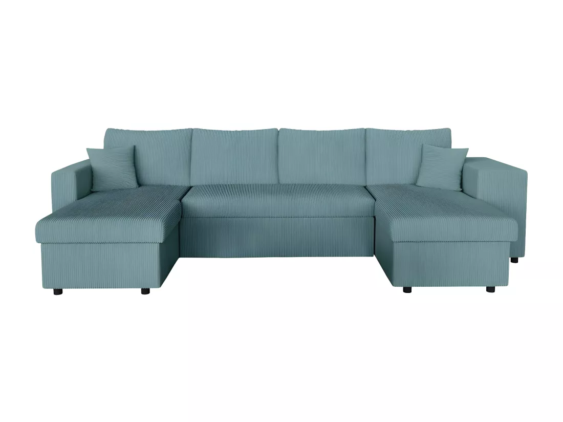 Canapé panoramique Oslo convertible avec 2 coffres, 2 poufs à droite en velours côtelé bleu clair - L311 x P146 x H81cm - Loungitude