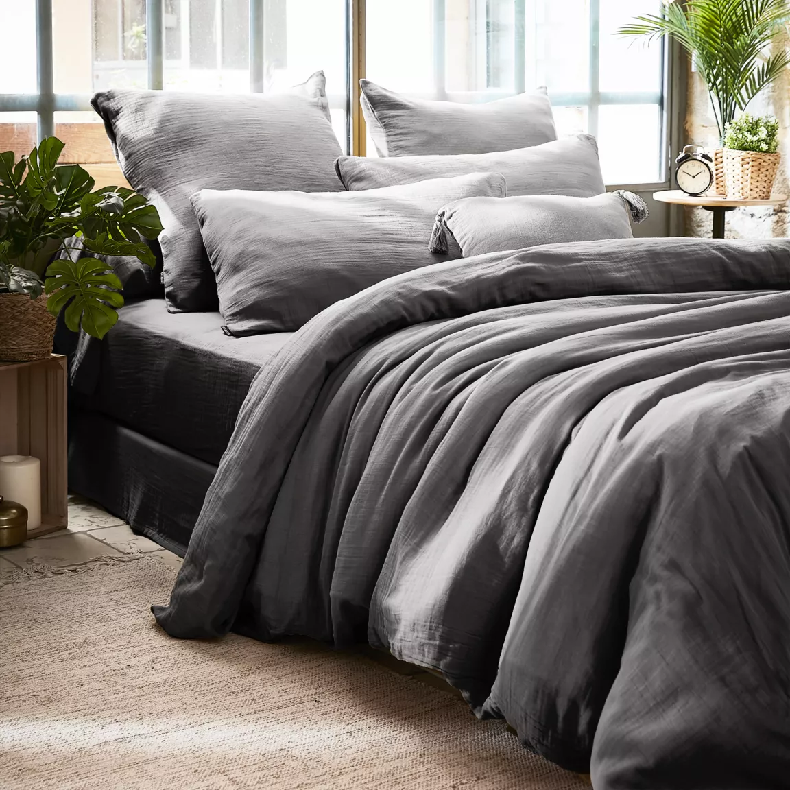 Drap housse gaze de coton (90 x 200 cm) Gaïa Gris granit