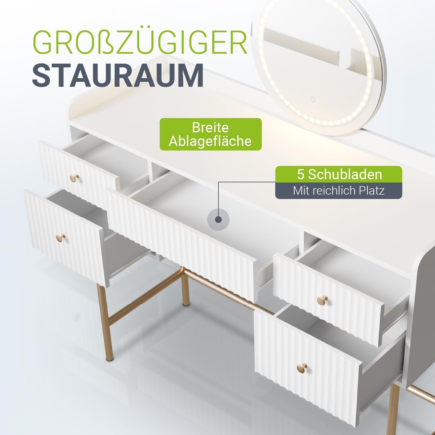 Juskys Schminktisch Samira mit Hocker Tonia & Touch-LED-Spiegel, 5 Schubladen, viel Stauraum, modernes Design, kompakt & pflegeleicht für Make-up – Weiß/Gold