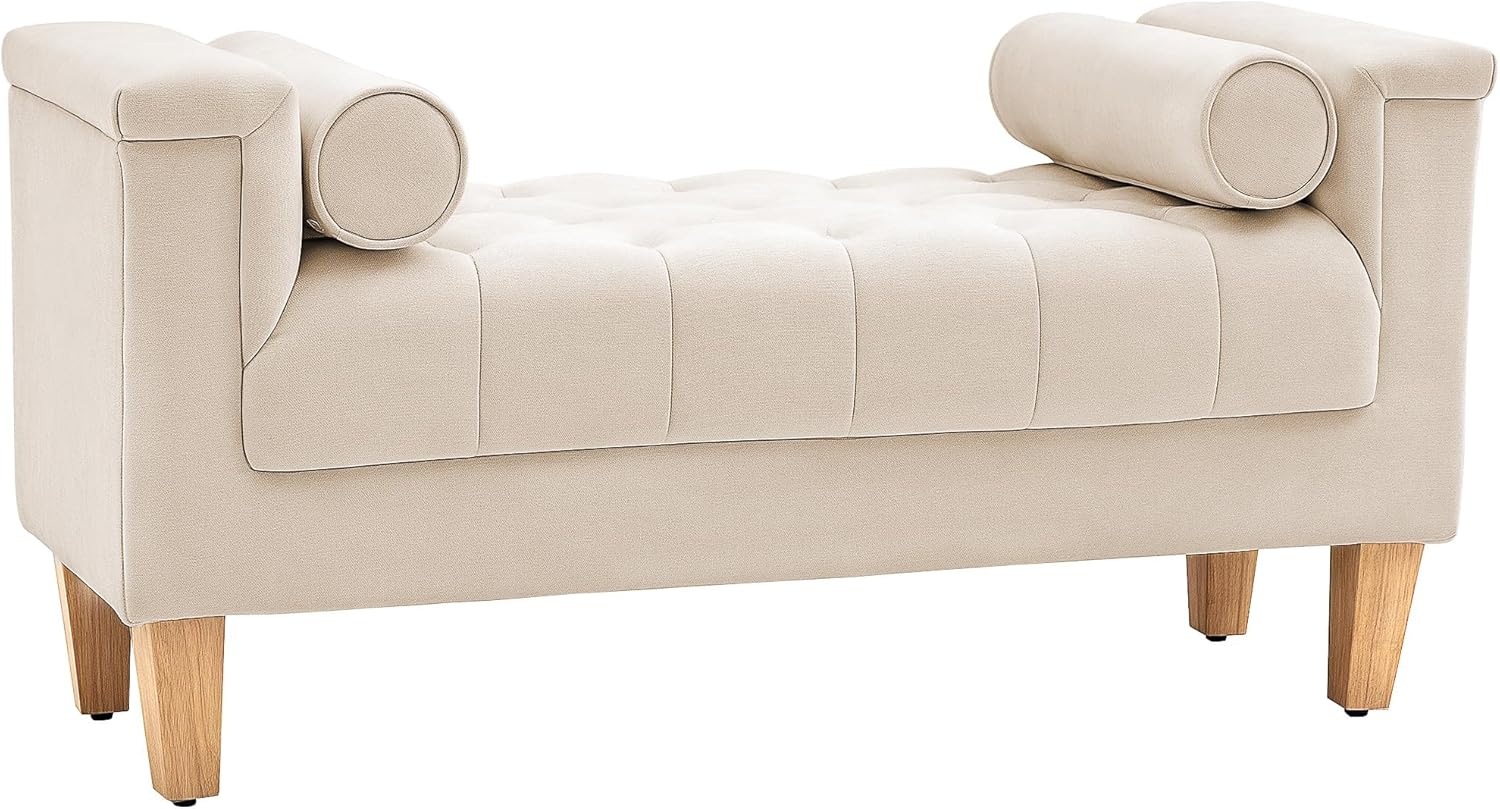 HOMCOM Sitzbank Polsterbank mit Chenille-Bezug, Armlehne Bettbank mit 2 Zylinder-Kissen, Holzrahmen, Schuhbank für Schlafzimmer, Wohnzimmer, Flur 115 x 44 x 58 cm Beige
