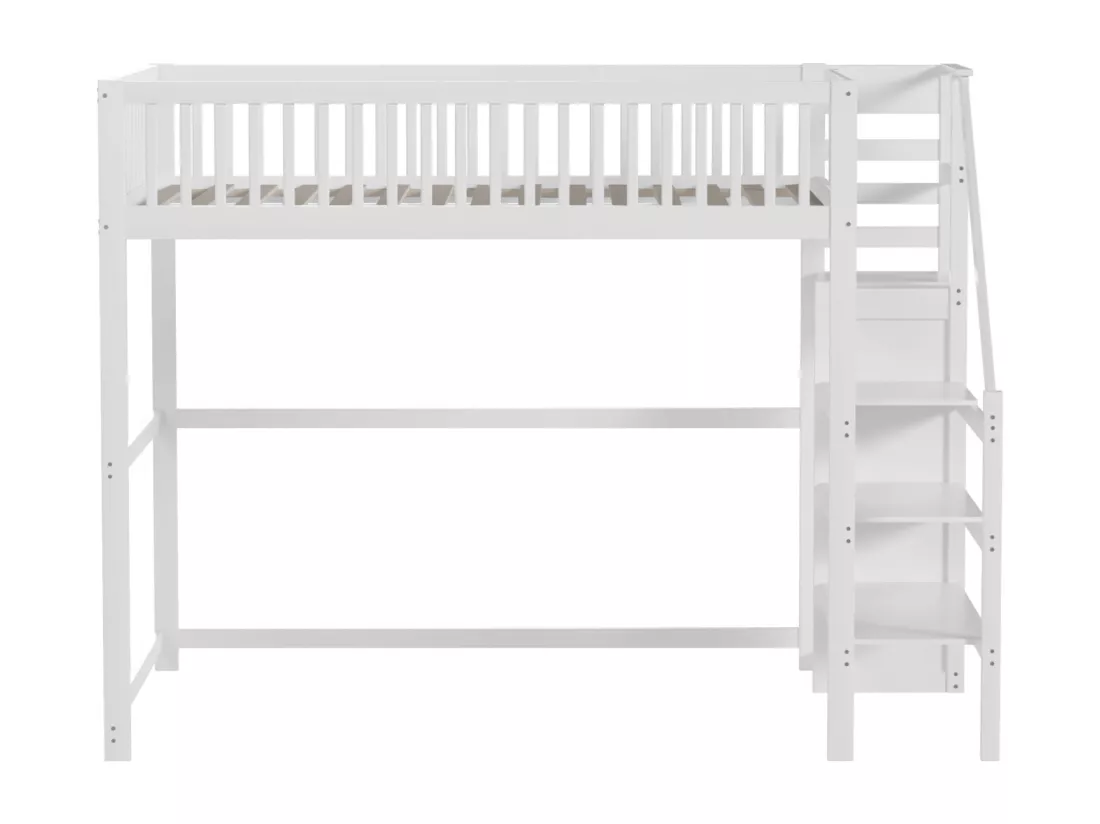 Lit mezzanine 140x200cm - lit enfant avec escalier avec armoir, sommier à lattes, antichute - blanc