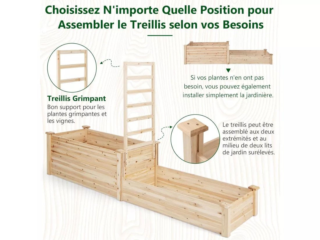 Jardinière avec Treillis en Bois avec Base Ouverte, 2 Bacs à Fleurs Extérieur à 2 Niveaux pour Plante Grimpante, Lit de Jardin Surélevée Assemblage Facile, 223 x 64 x 134 cm