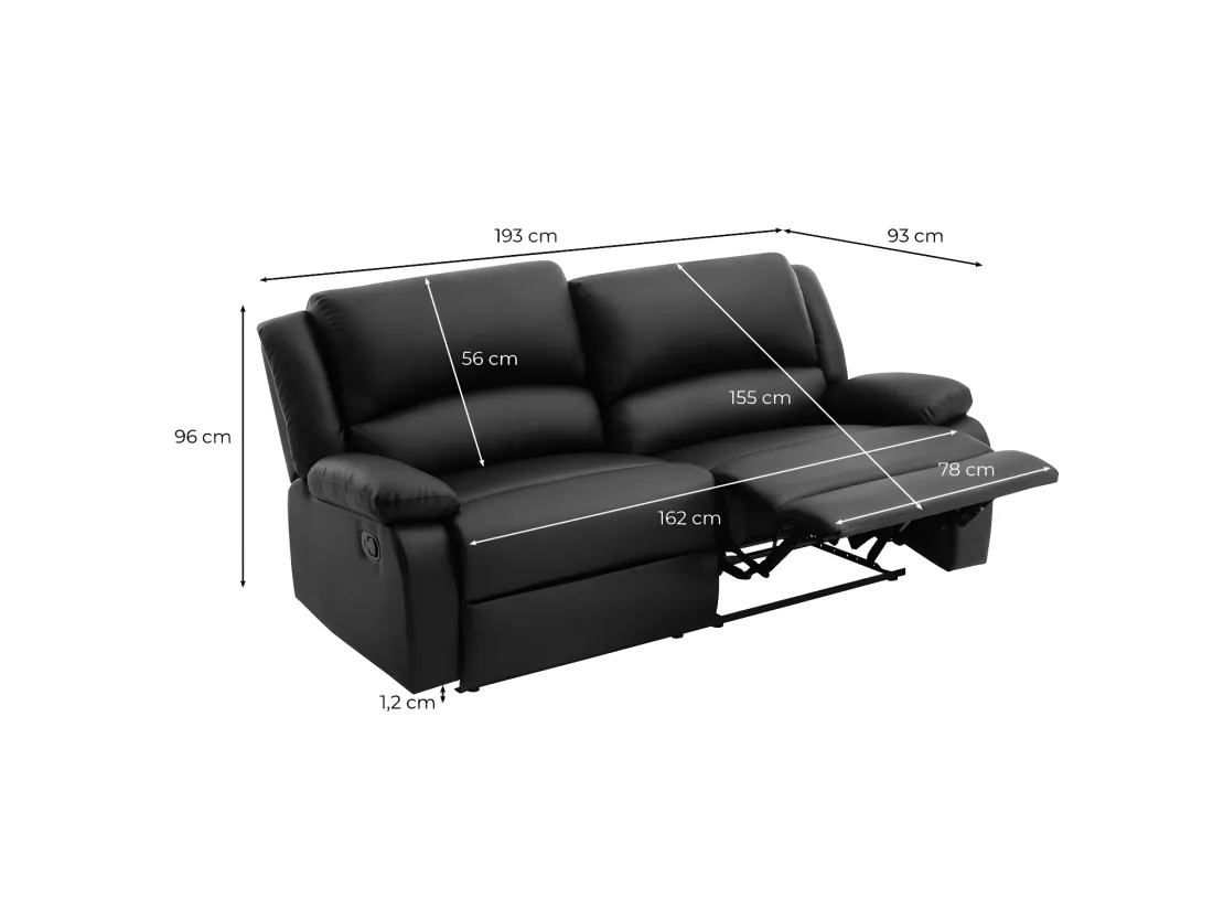 Canapé relax manuel 3 places avec 2 assises XXL Léo en simili - Noir - L193 x P93 x H96cm - Loungitude