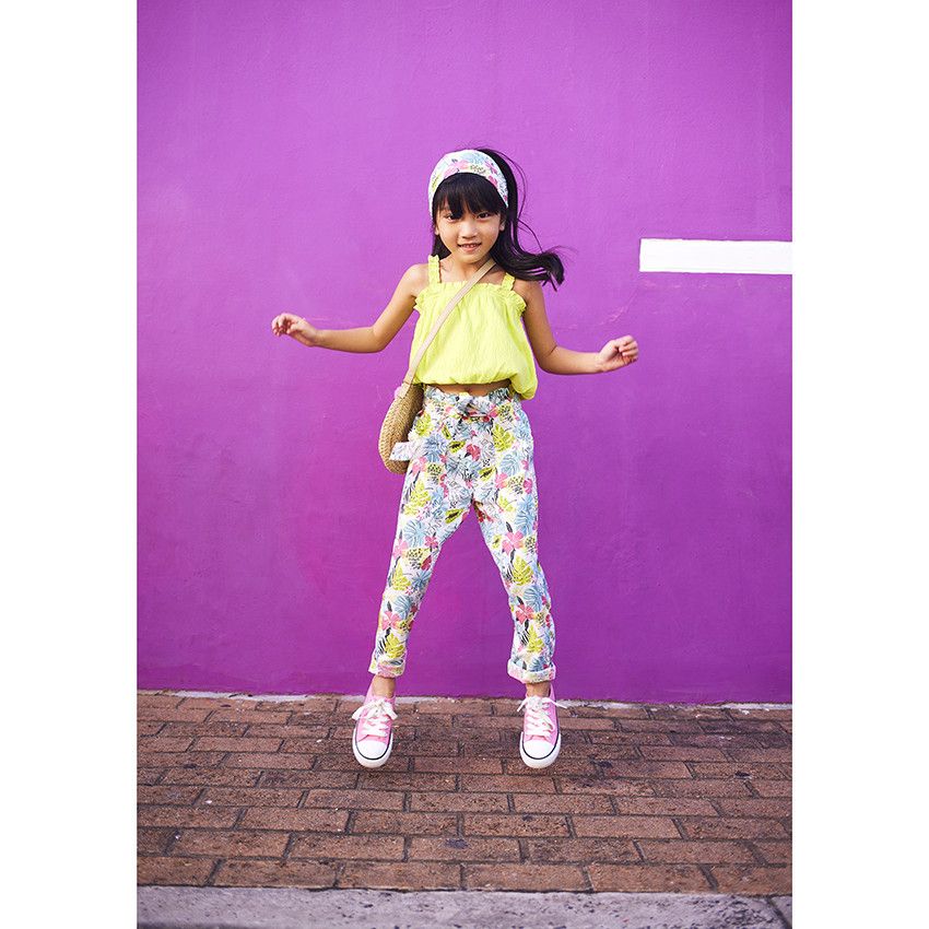 Pantalon imprimé tropical et ceinture à nouer pour fille - Blanc