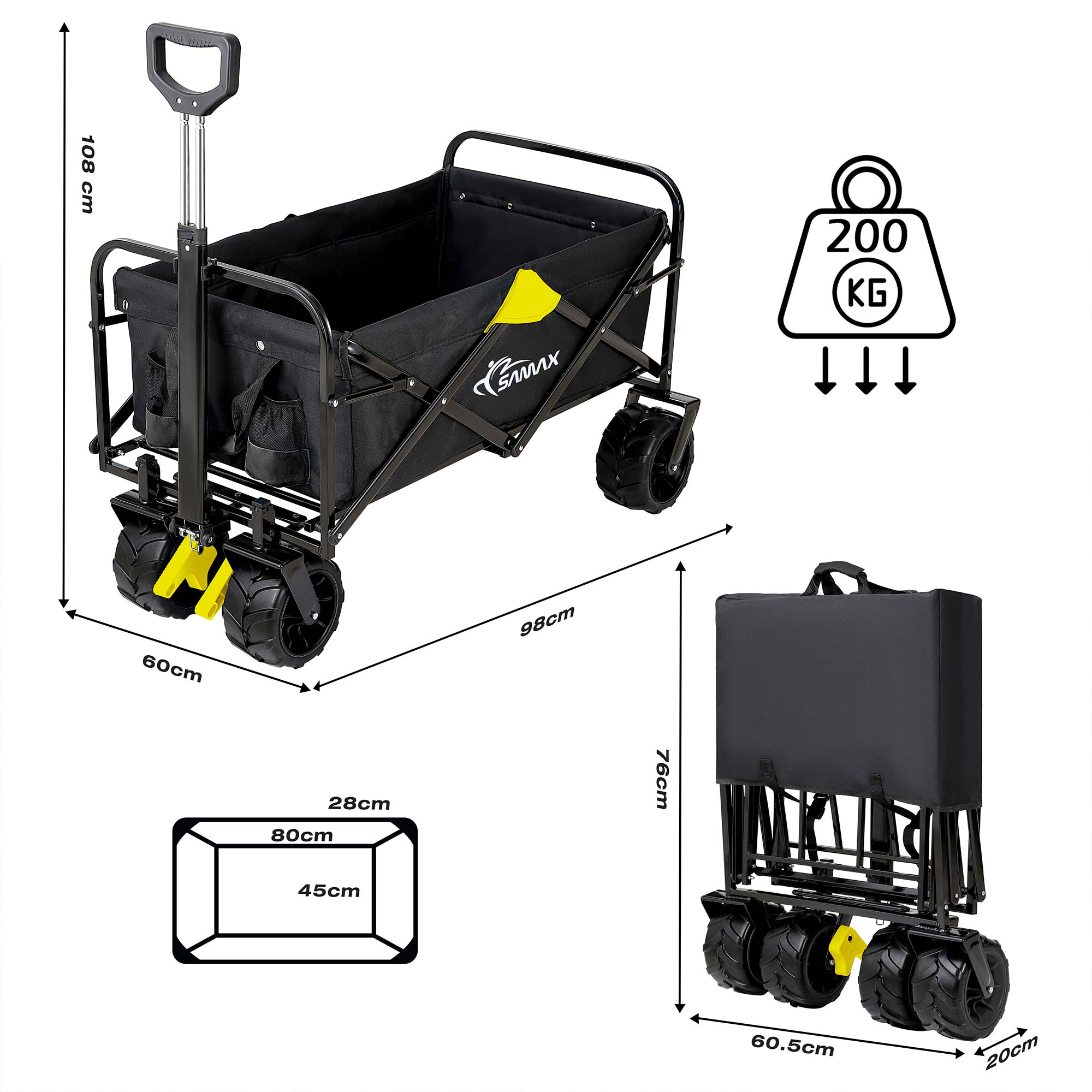 SAMAX Faltbarer Bollerwagen Offroad Camping Edition bis 200 kg - Schwarz / Gelb