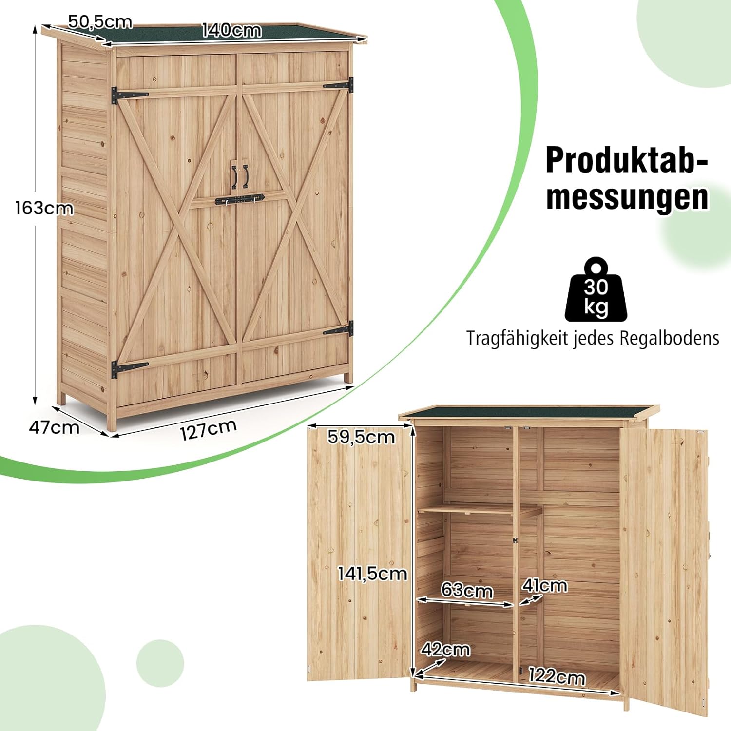 COSTWAY Gartenschrank Holz, Geräteschuppen mit Wasserfestem Asphaltdach & Abnehmbare Regale & Abschließbare Türen, Gerätehaus, Outdoor Gartenhaus für Garten, Terrasse, Rasen, 140 x 51 x 163 cm