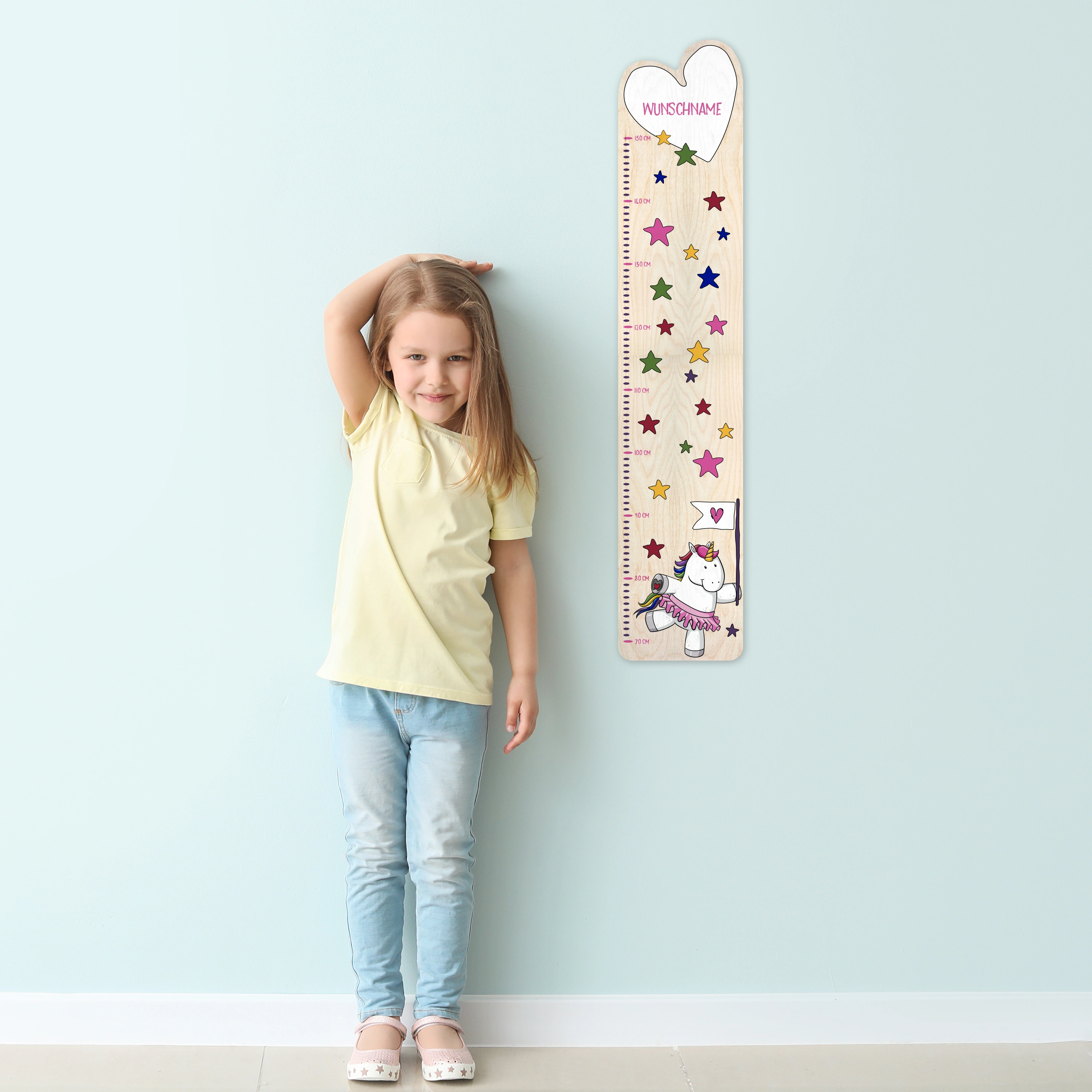 Personalisierte Holz-Messlatte mit Namen (Motiv: Einhorn)