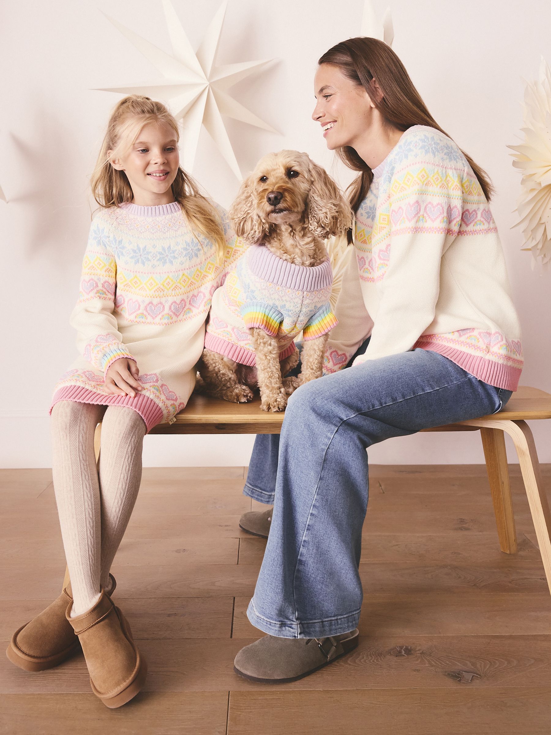 Pastelkleurige regenboogprint - Little Bird by Jools Oliver Kinder Regenboog Fair Isle Kerstmis Familie Gebreide Jurk