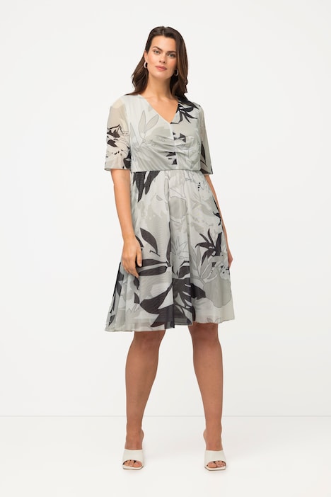 Midikleid, Mesh, Blätterranken, V-Ausschnitt, Halbarm