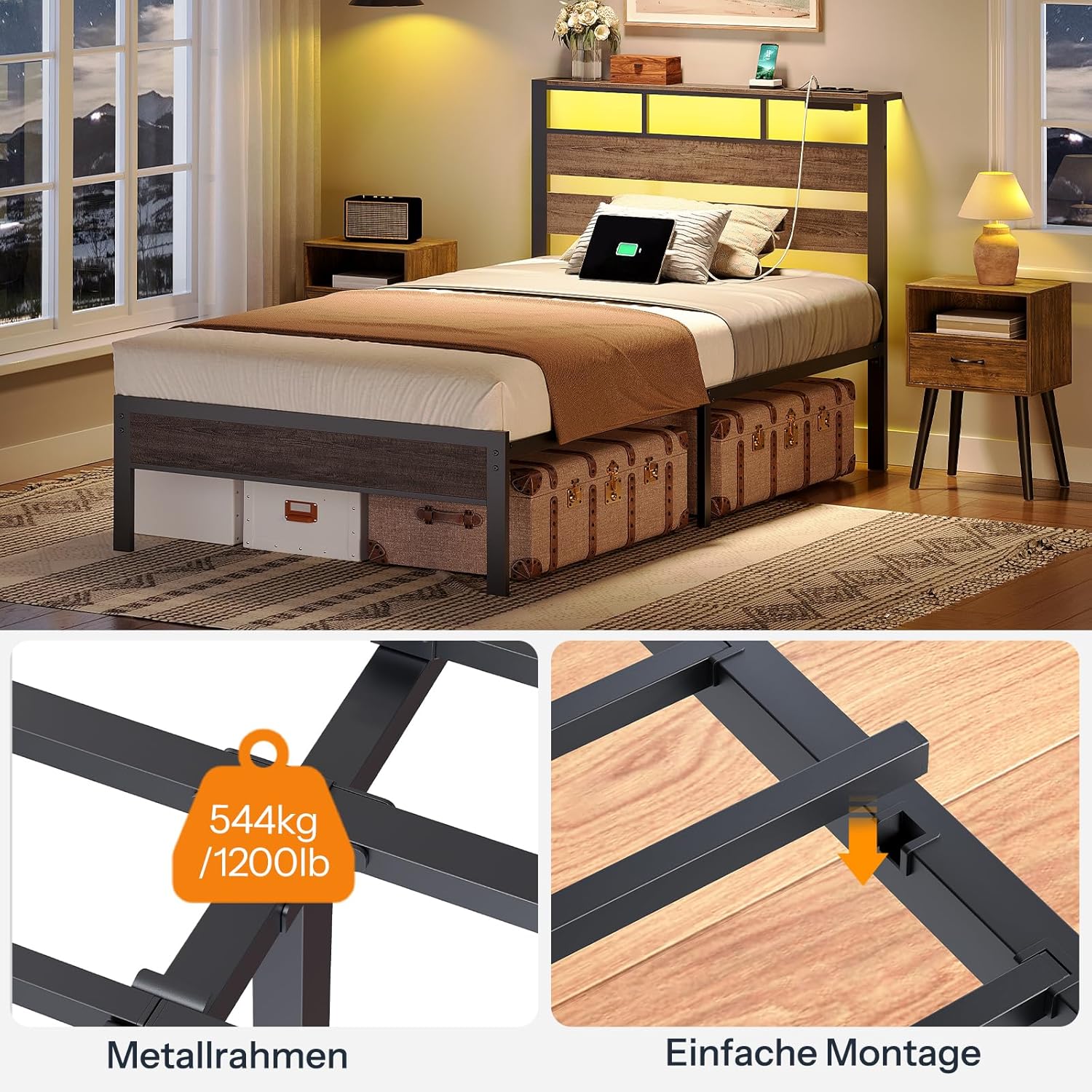 HOOBRO Bett 90 x 200 mit Lattenrost, Einzelbett mit Kopfteil, LED-Beleuchtung, Ladestation (2AC, 2USB-A), Bettgestell 90 x 200 cm, Metallbett für Schlafzimmer Gästezimmer, Anthrazit EBC77CDBF01 DR4563831