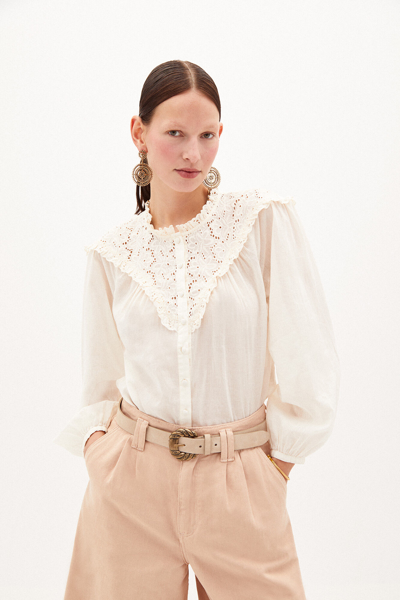Blusa romântica Jimena em algodão - Bege