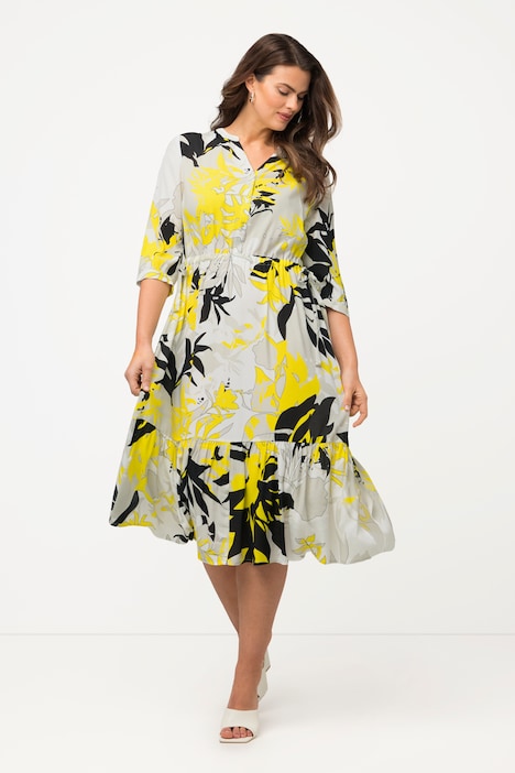 Midikleid, Blätterranken, Tunika-Ausschnitt, 3/4-Arm