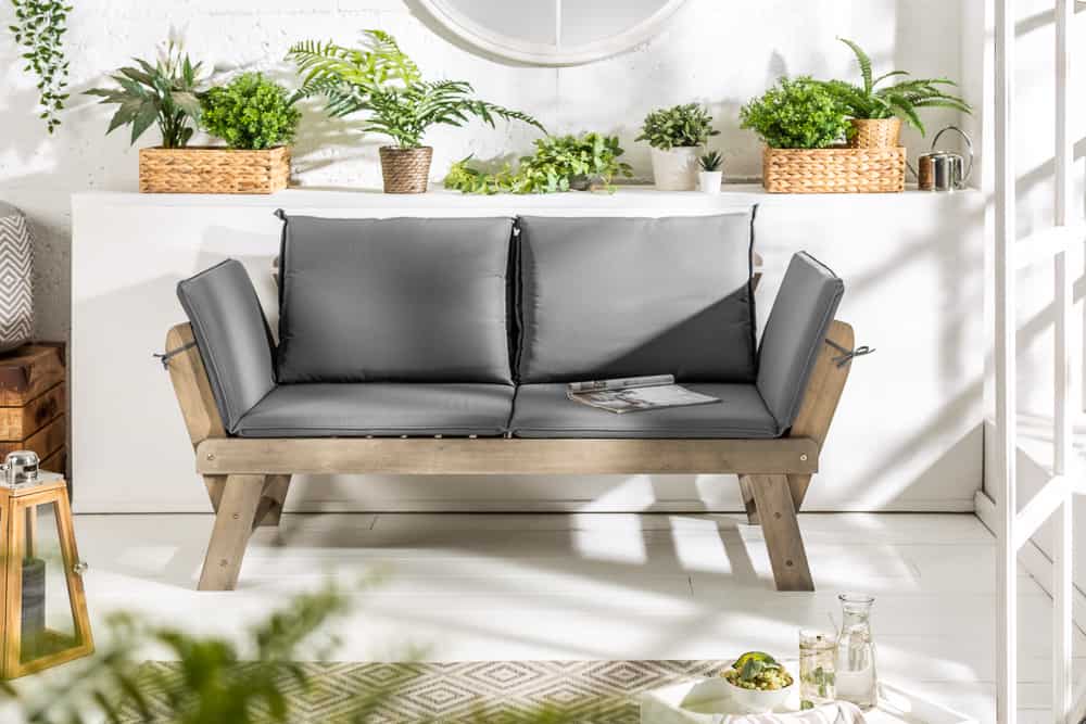 Massivholz Sitzbank MODULAR 155-190cm grau Akazie inkl. Kissen Gartenbank klappbar