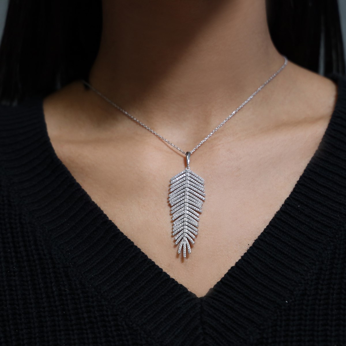Collier Plume Argent Sertie