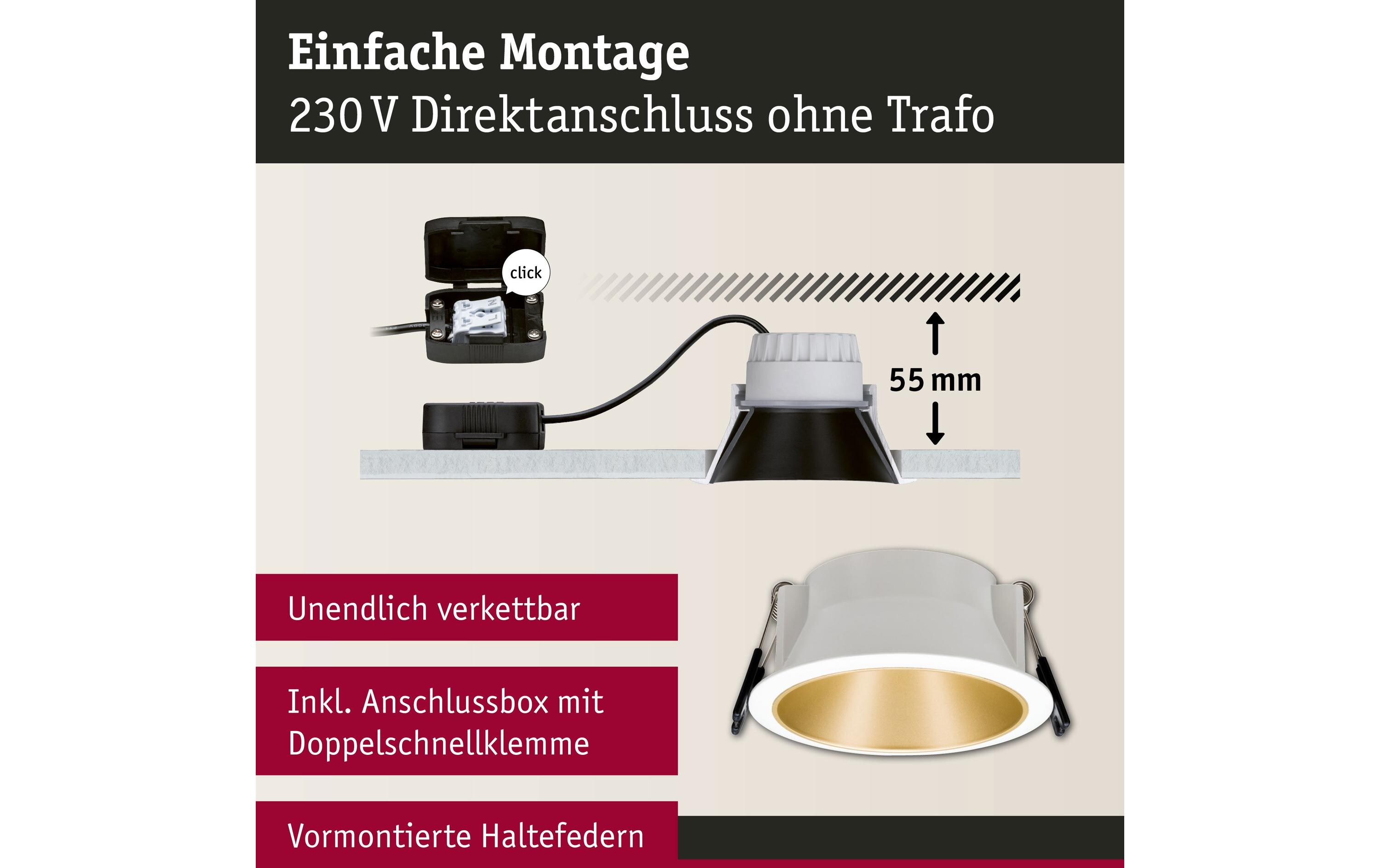 Einbauspot Cole Coin 3-Stepdim Set, 18W, 2700 K, Weiss/ GoldLED Einbauspot 3-Step-Dim Basisset