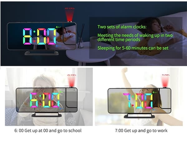 INF Vekkerklokke med RGB LED 180 graders roterbar projektorklokke Hvit