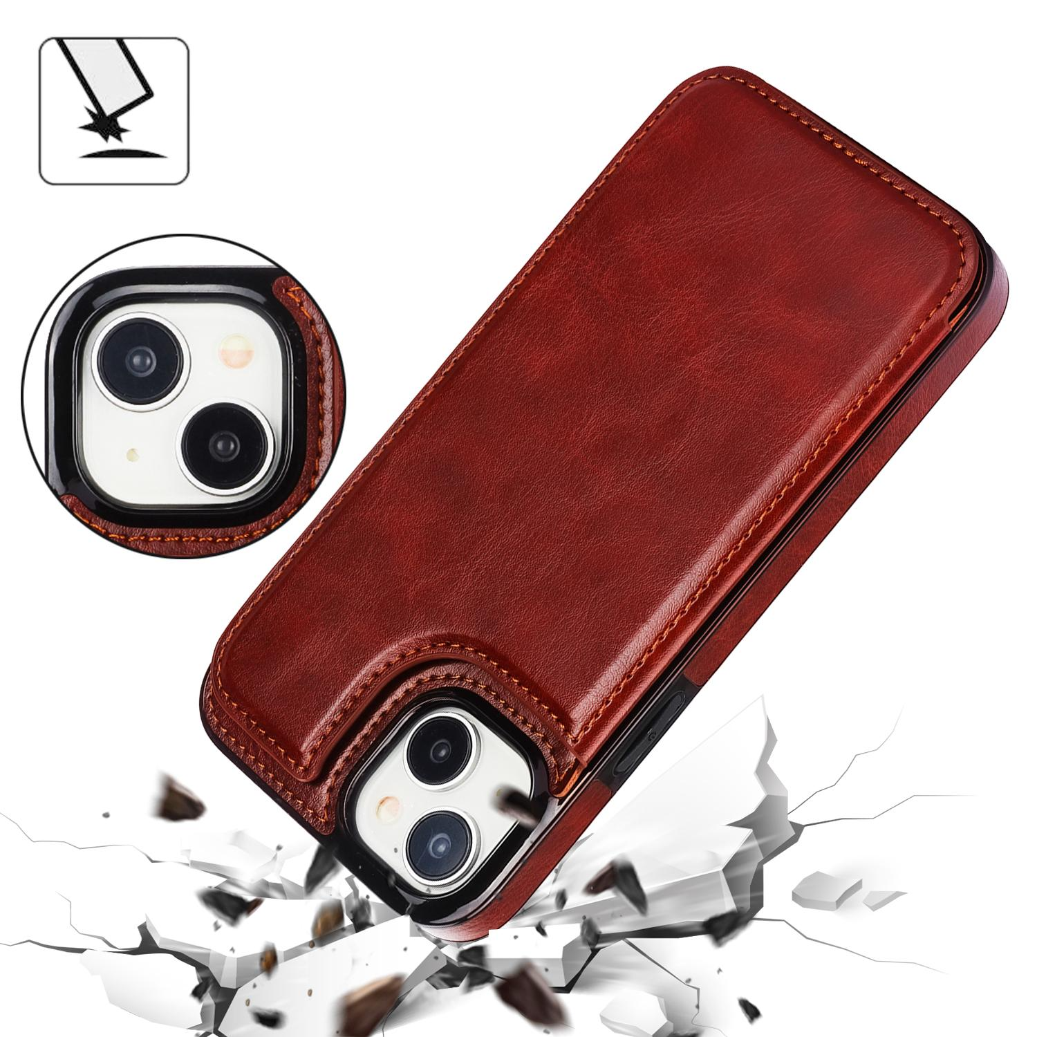 iPhone 15 Hybrid Leder Hülle mit Kartenfach   Kickstand Aufsteller - Braun