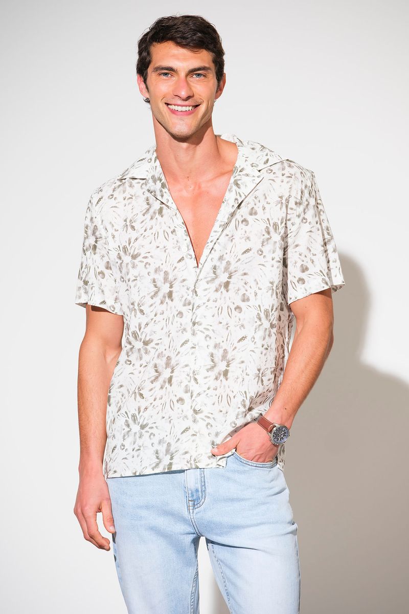 CAMISA MANGA CURTA COM PRINT EM ALGODÃO E LINHO