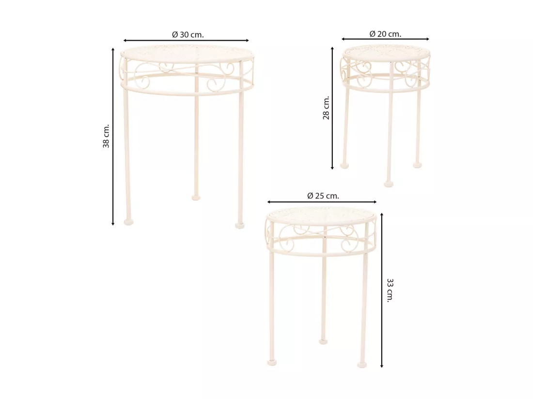 Lot de 3 cache-pots en fer forgé blanc 30x30x38h-25x25x33h-20x20x28h cm