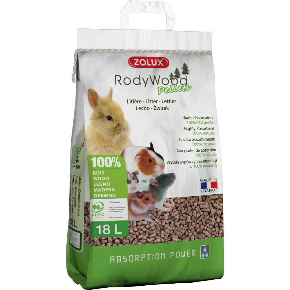 Litière rodywood pellets pour rongeur 18 l, 12.58 kg