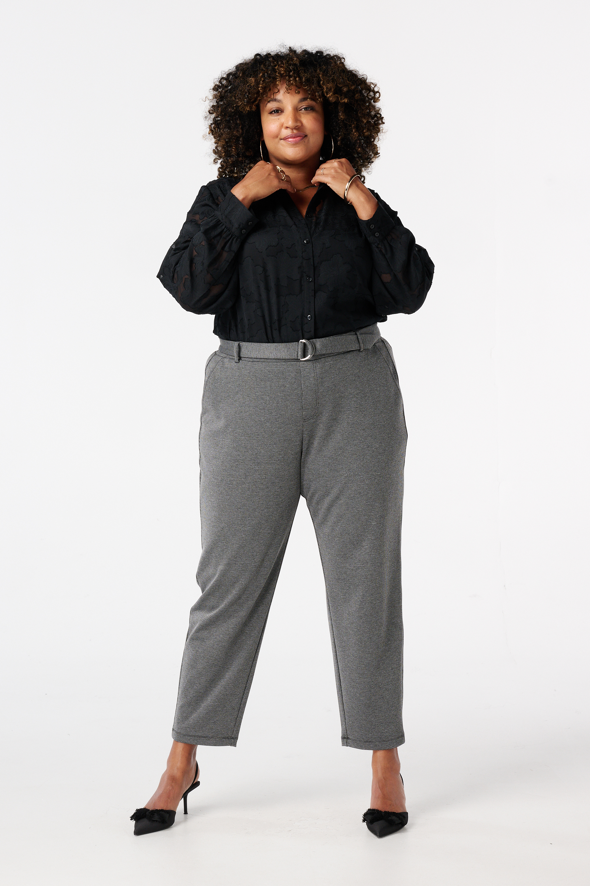 Slim fit pantalon met ceintuur Multi Grey/ Black