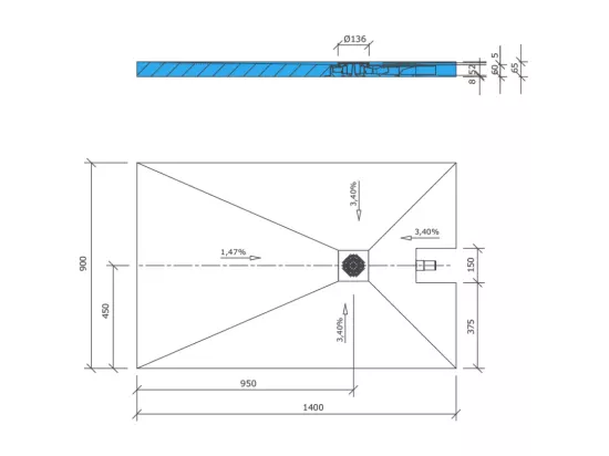 Receveur à carreler 140 x 90 cm WEDI Fundo Plano, bonde intégrée + kit d'étanchéité