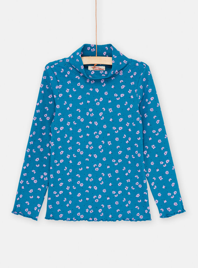 Sous-pull bleu pétrole à imprimé fleuri pour fille