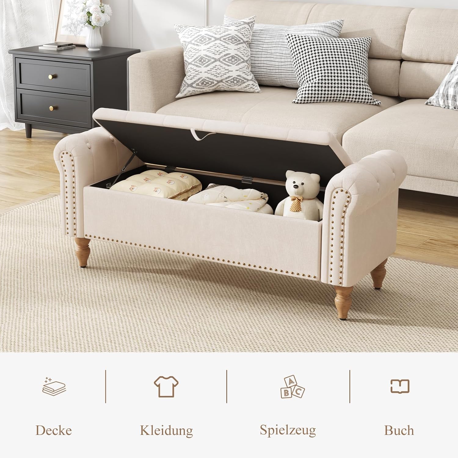 Sitzbank mit Stauraum, Bettbank Aufbewahrungsbox Fußbank 132 x 45 x 53 cm, Polsterbank mit Beinen für Wohnzimmer Schlafzimmer Flur, Beige