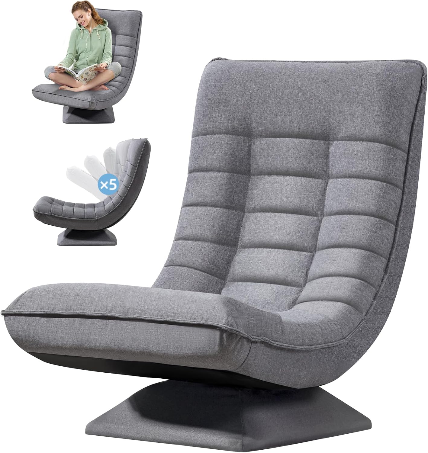 Bodenstuhl verstellbare Rückenlehne, 360° Drehbar Klappbar 150kg Gepolstert, Gaming Sessel Wohnzimmer Relaxsessel, Atmungsaktive Leinen Fernsehsessel, Lesesessel, Bodensessel, Grau