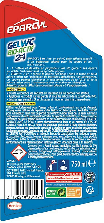 Gel WC bio-actif 2 en 1 Eparcyl 750 ml fraicheur marine