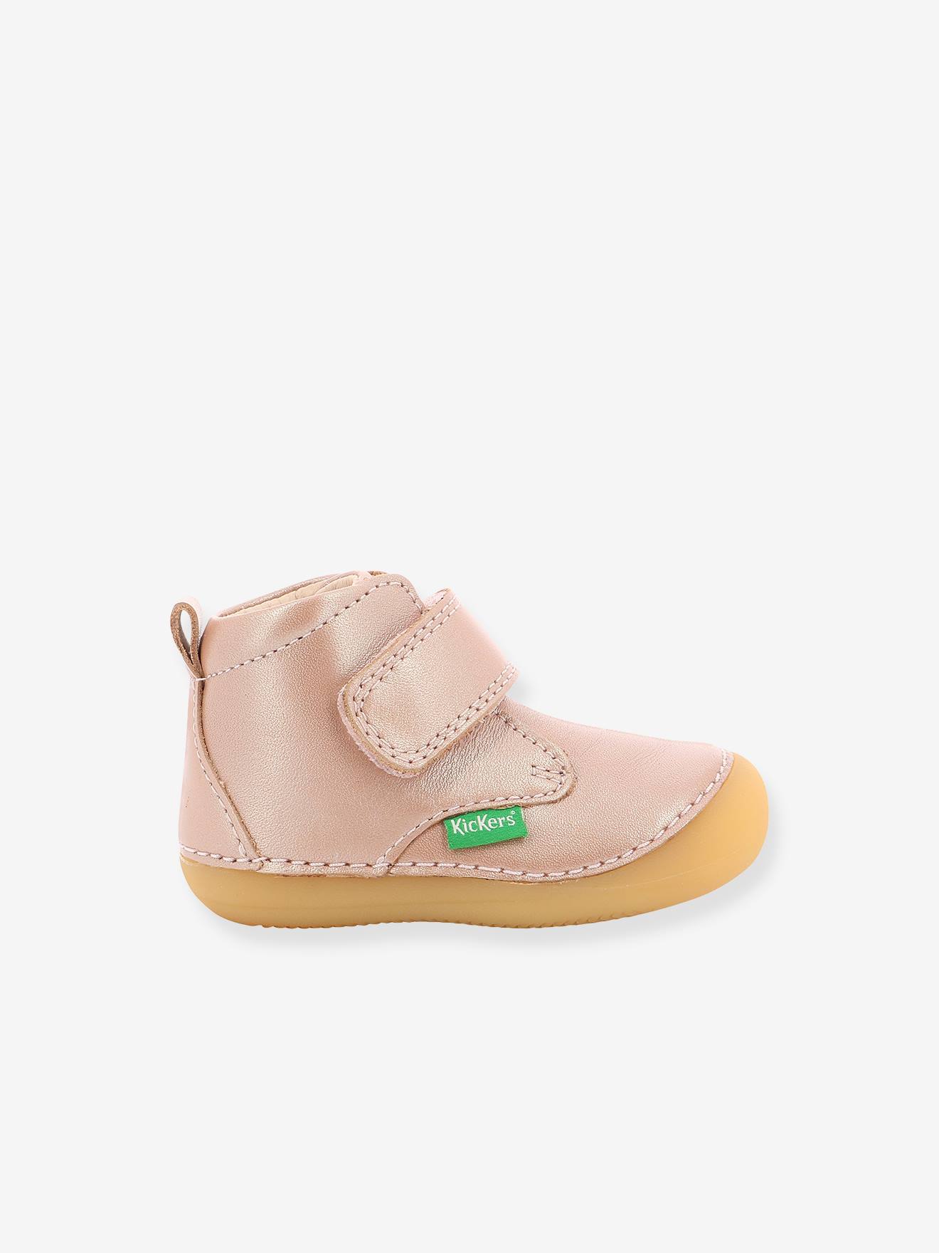Botas de couro Sabio KICKERS® para bebês, primeiros passos, estampa rosa.