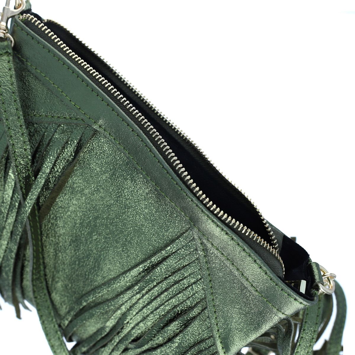 Sac à mains à franges cuir irisé vert olive Maison Suzanne
