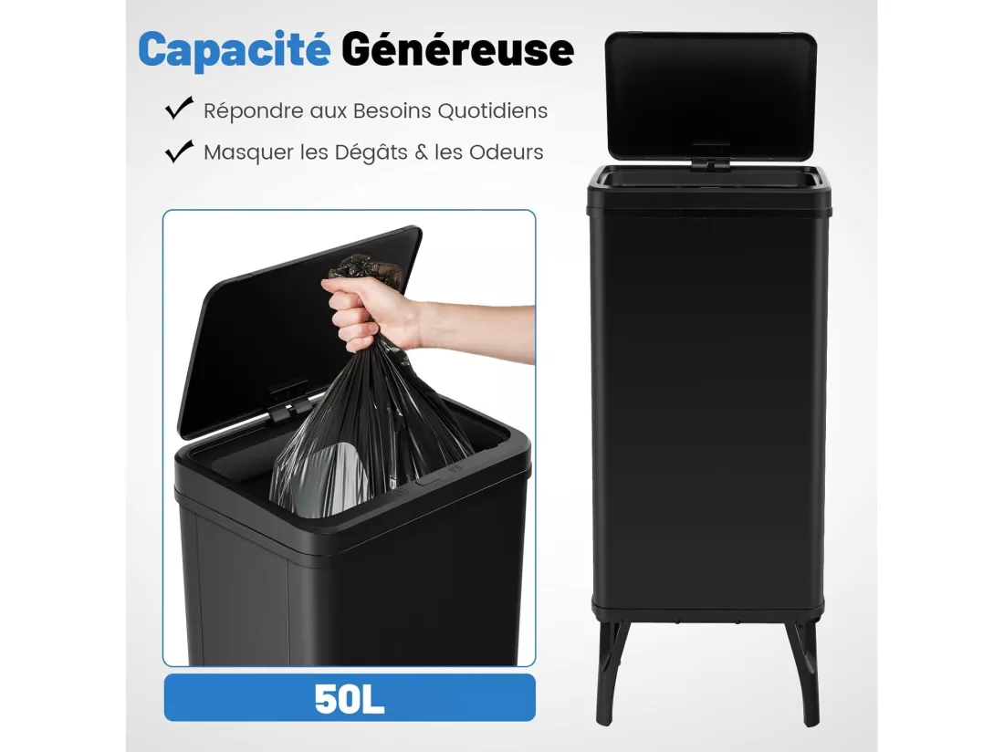 Poubelle Cuisine Automatique 50L en Acier Métal avec Cerclage, Poubelle Sur Pieds Détachables, Capteur Fermeture Automatique Douce, Anti-Empreintes, Interrupteur (Noir)