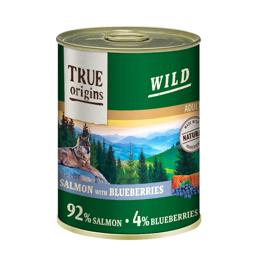 Lata de 400g de salmão selvagem True Origins para cães adultos.